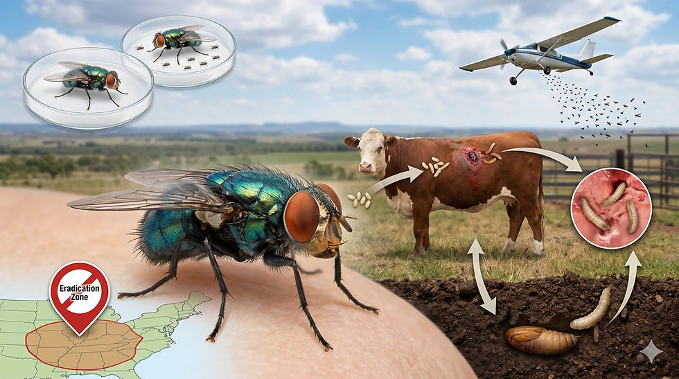 Infographic of new world screwworm flies and larvae attacking a cow in a pasture, with a plane spraying, maps, and Eradication Zone label.