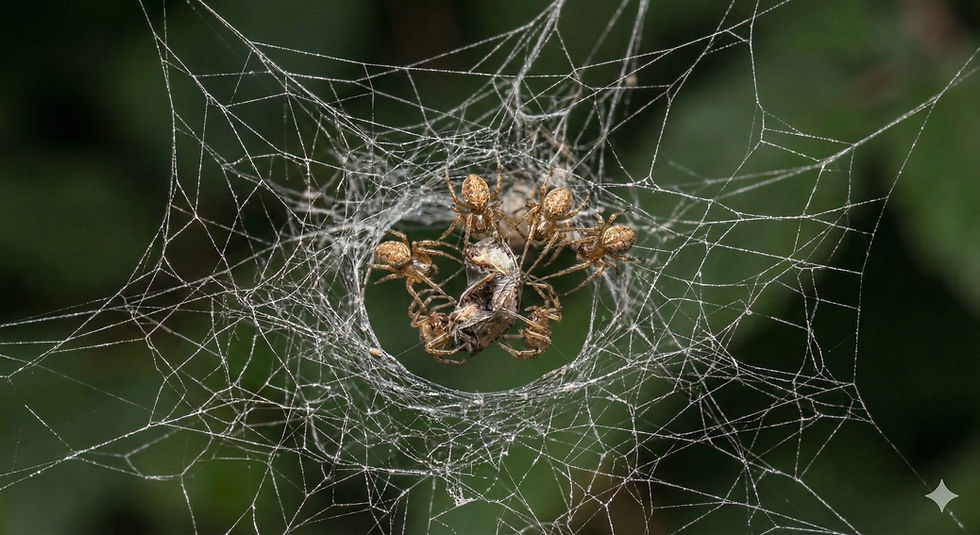 Spiders gather on a dense web with prey in the center. The background is blurred green foliage, highlighting the web's intricate pattern.