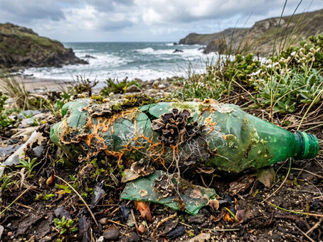 Weathered green plastic bottle overgrown with fungi and plants on a rocky beach. Ocean and cliffs visible in the background under cloudy skies.