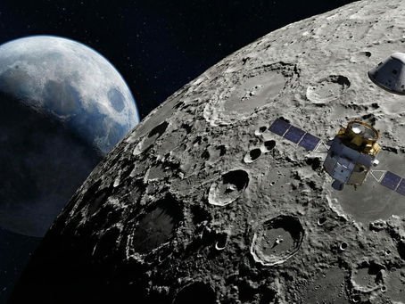 A spacecraft orbits a cratered lunar surface with Earth in the starry background. The scene is space-themed and serene.