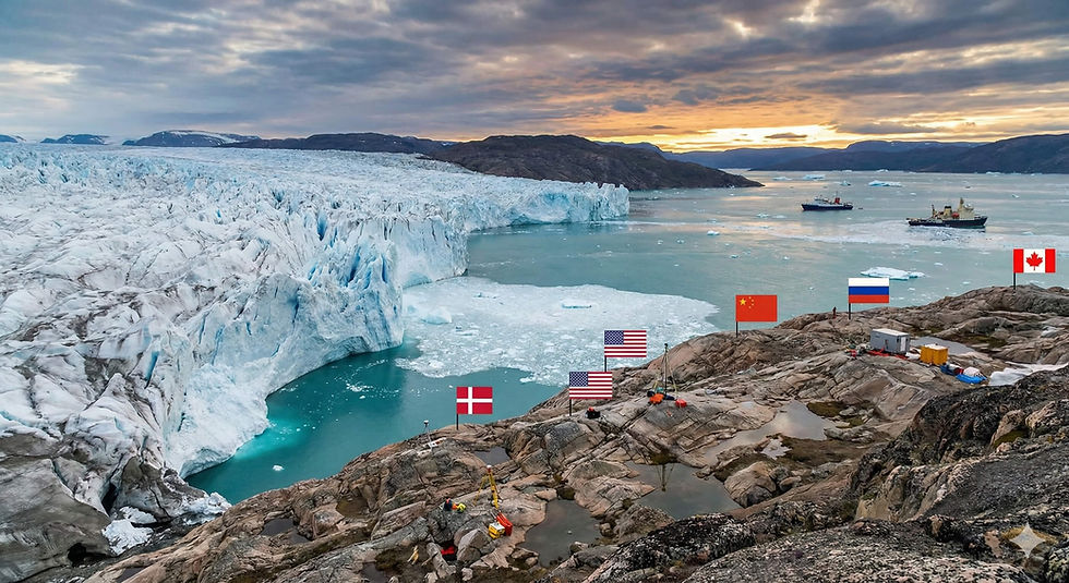 Flags from various countries on icy rocky terrain by a glacier and sea, with ships in distance under a dramatic sunset sky.