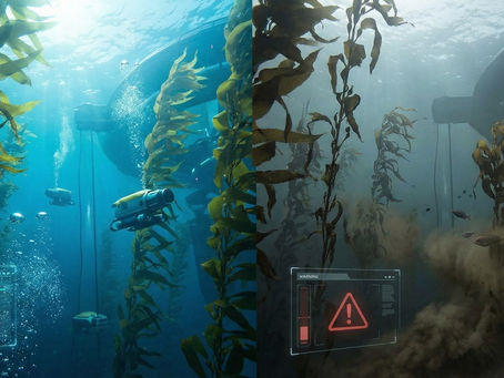 Underwater scene with kelp, small submarines, and bubbles. A digital display shows carbon levels; another shows a warning sign. Ocean floor is disturbed.
