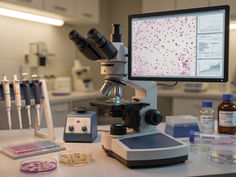Modern lab bench with microscope, pipettes, petri dishes, and screens showing bacteria images and charts in a clinical setting