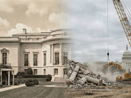 Historic building merges into a construction site with cranes and rubble. Capitol dome in background. Mood: nostalgic transformation.