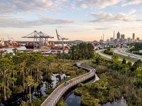 Winding boardwalk through a marsh with walkers, beside port cranes, Hapag-Lloyd cargo ships, and a city skyline at sunset.