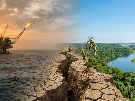 Oil rig at sunset emits flames over ocean, transitioning to cracked earth with wilted plant, leading to lush greenery and river.