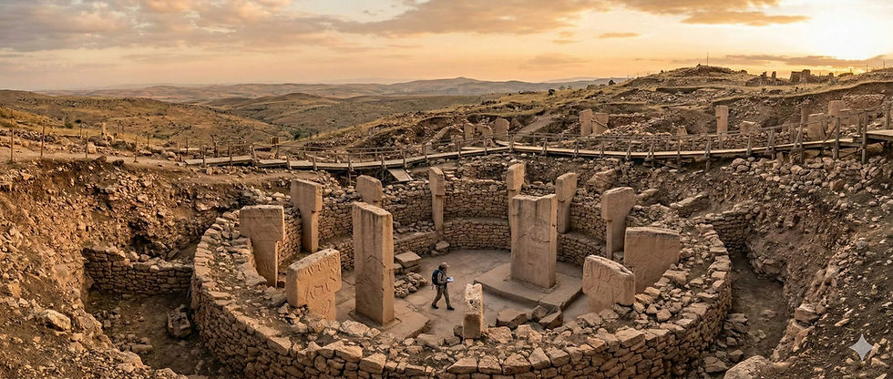 Ancient stone circle with carvings at sunset, a person explores the site with a tablet. Rocky terrain extends into the horizon.