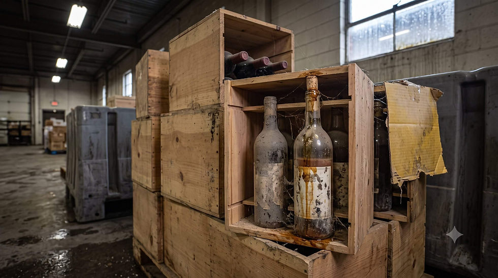 Dusty wine bottles in wooden crates stacked in a wet warehouse, with cobwebs and peeling labels.