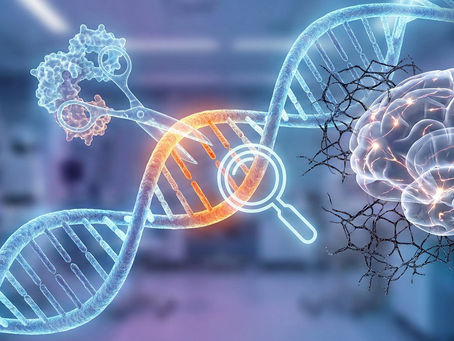 DNA strand with scissors and magnifying glass near a glowing human brain, set in a blurred lab background, highlighting genetic research.