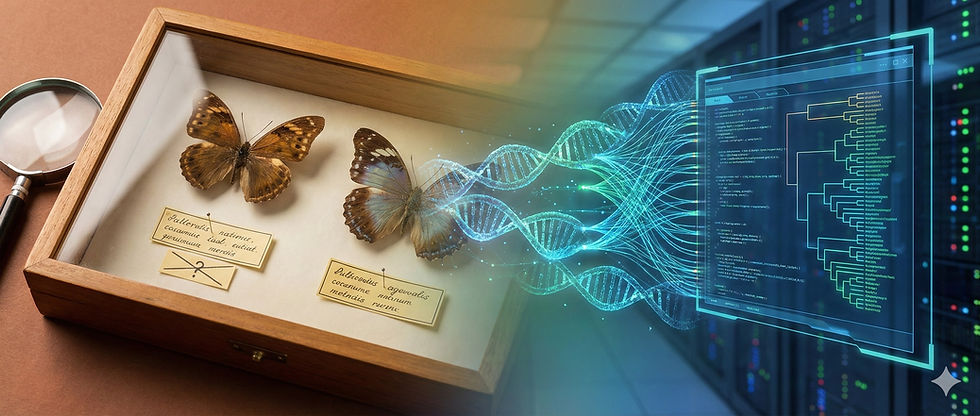 Two butterflies in a wooden box beside a magnifying glass merge into a digital DNA sequence leading to a data screen, blending nature and tech.