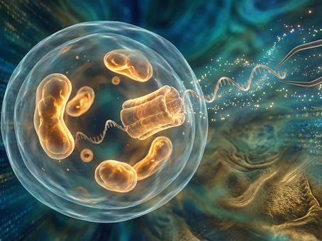 Microscopic view of a glowing cell with orange organelles. DNA strand is manipulated by tweezers. Blue-green swirling background.
