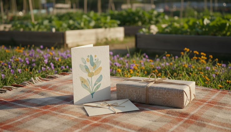 Close-up view of a birthday card and small gift envelope on a picnic blanket.