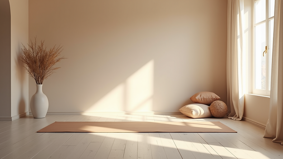 Eye-level view of a tranquil yoga space with soft lighting