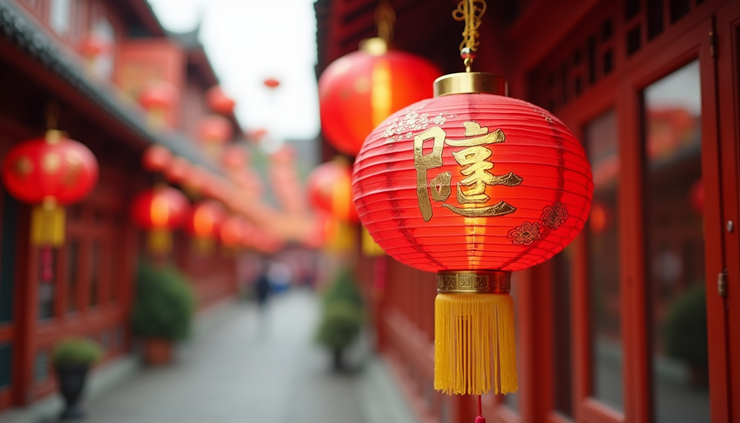 Eye-level view of a traditional Chinese lantern decorated with red and gold patterns