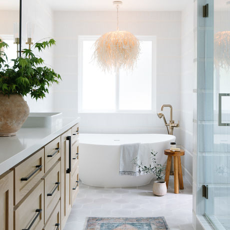 Elegant primary bathroom in Alamo ranch home designed by Bay Area interior designer Erin Loscialpo Interiors