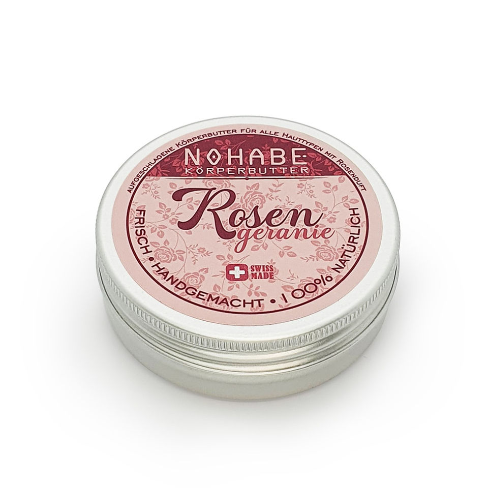 Nohabe Rosengeranie Körperbutter in einem Aluminiumtiegel.