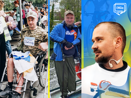 Ukrainian veteran Major and ENGin for Defenders student Serhii Halhan at different stages of his rehabilitation in the Netherlands participating in public events and continuing his recovery