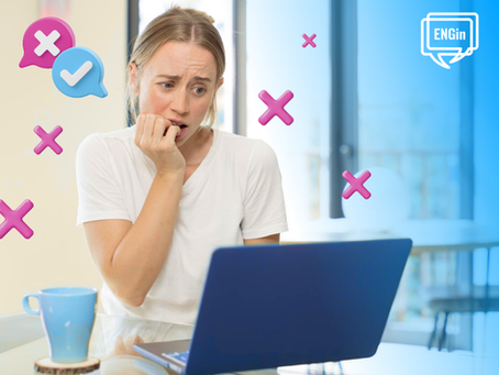 A student feeling anxious during an online English lesson surrounded by mistake symbols illustrating the emotional side of language learning