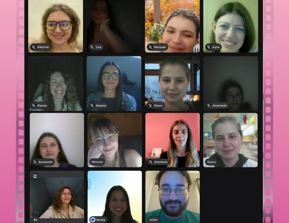ENGin Movie Community members from Ukraine and around the world joining an online video meeting led by volunteer Kelsey Jung