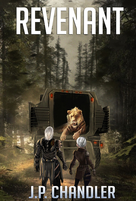 A woman and a girl with, both with white hair, look at a large wildcat laying down inside the back of a vehicle with woods in the background