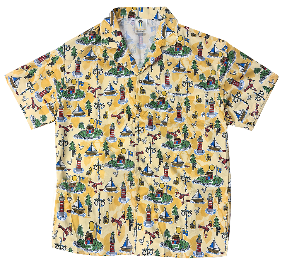 Den svenska HAwaiiskjortan med motiv på älgen, segelbåten, midsommarstången och kräftan