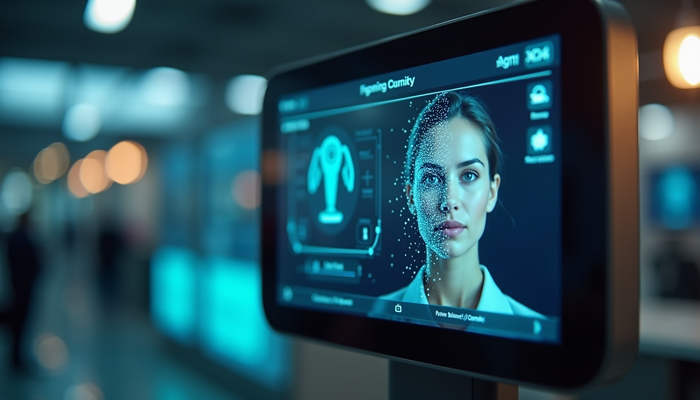Eye-level view of a facial recognition terminal integrated with geolocation mapping on a digital interface