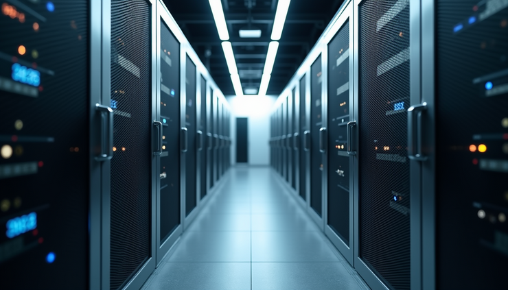 Eye-level view of a secure data center room with biometric data servers