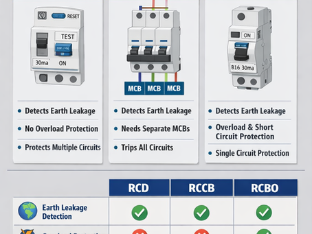 Infographic comparing RCD, RCCB and RCBO electrical protection devices, showing how each detects earth leakage and highlighting that RCBOs also provide overload and short circuit protection.