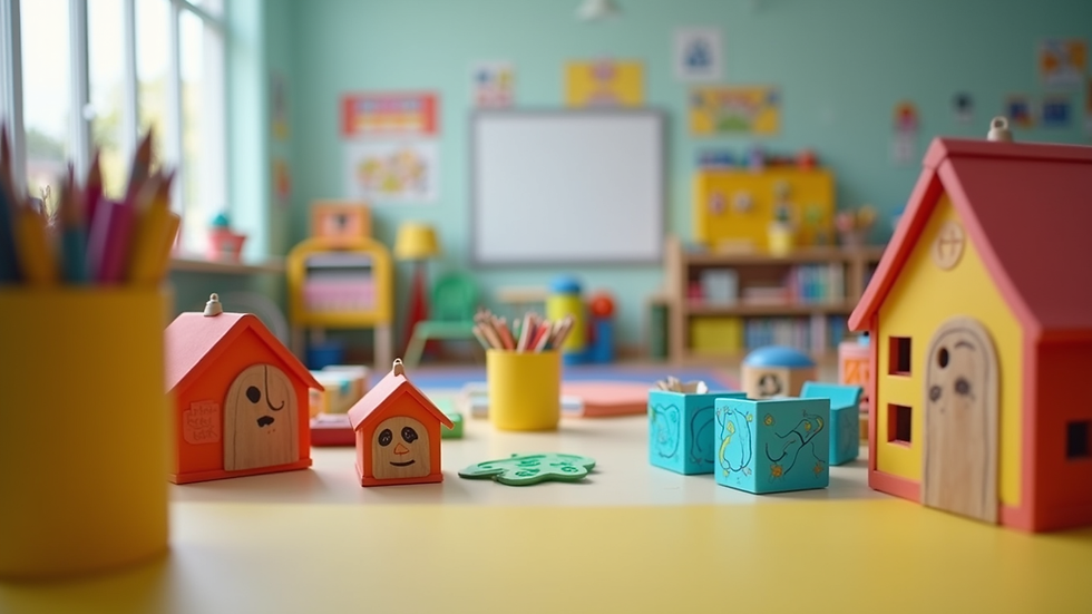 Eye-level view of colorful preschool classroom with learning materials