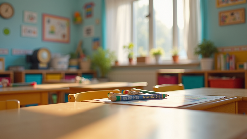 Eye-level view of colorful preschool classroom with learning materials