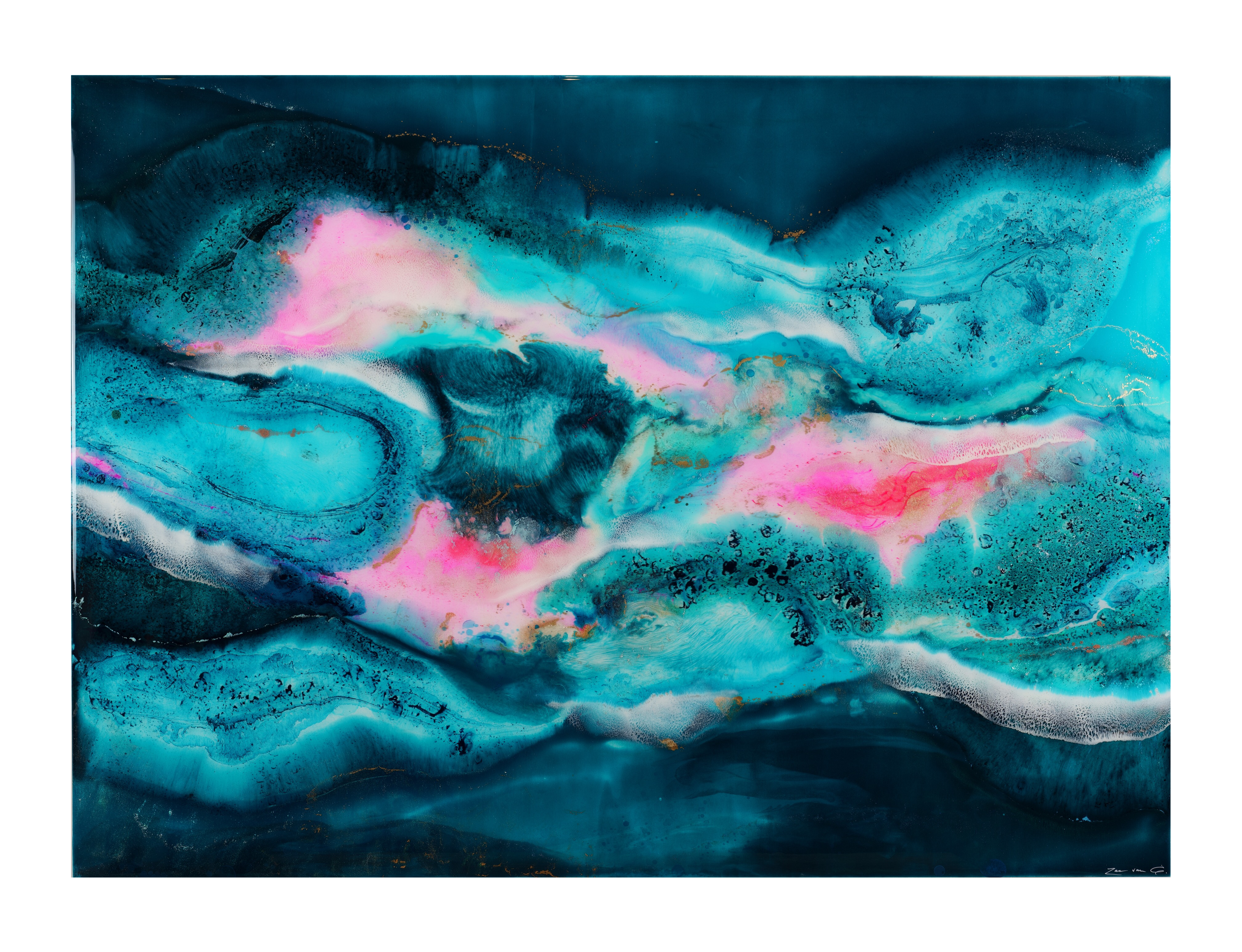 large abstract ocean resin painting turquoise blue pink aerial seascape art