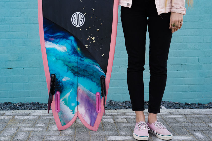 BOS surfboards Cornwall custom pink surfboard Zee van G