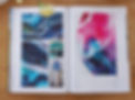 magazine with pictures of abstract ocean artworks and a custom surfboard