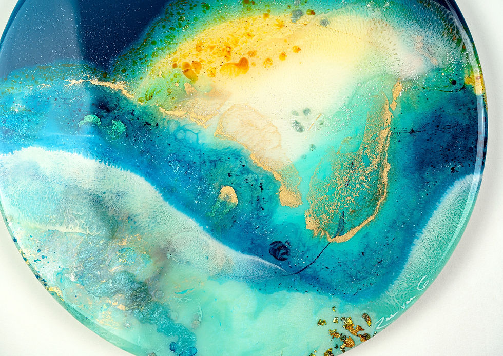 small round resin artwork yellow blue turquoise gold