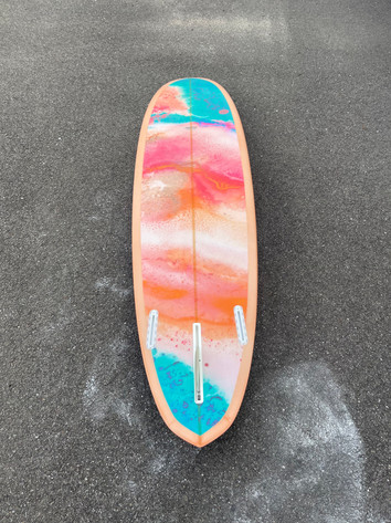 Coral pink and turquoise abstract surfboard art