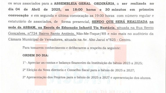 ASBAM CONVOCAÇÃO PARA ASSEMBLEIA GERAL ORDINÁRIA E RETIFICAÇÃO DE ENDEREÇO 