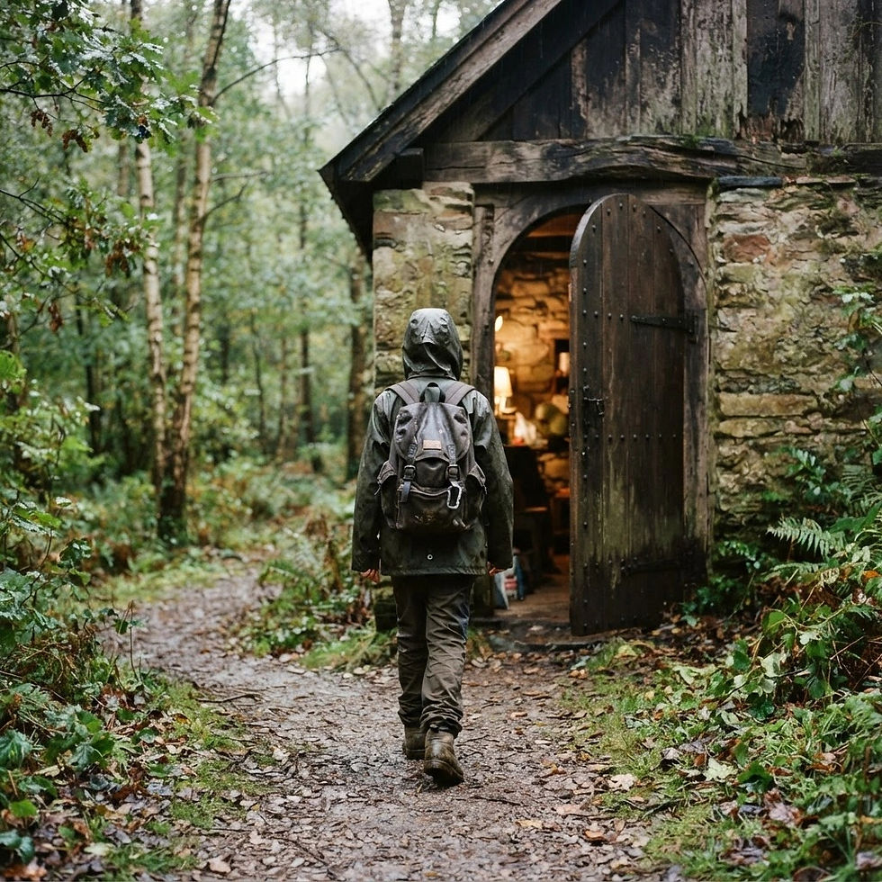 a wanderer in a rainy forest finds an open door with warmth inside