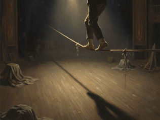 Tightrope walker crossing a bare stage one lantern