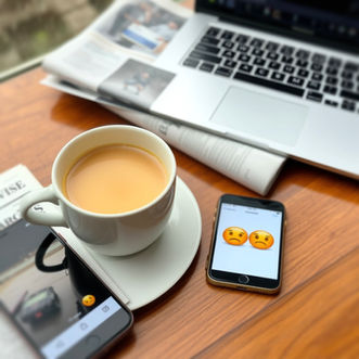 Cup of tea on a rainy day with sad faces, screens, newspapers