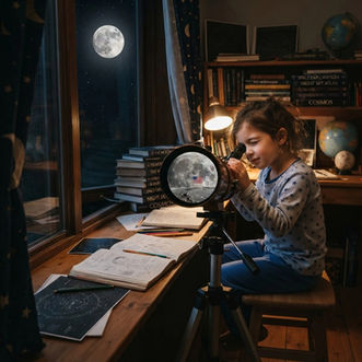 little girl with a telescope seeing the moon with a flag in it
