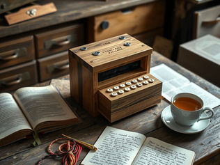 cup of tea wooden box with buttons open book