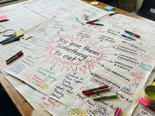brainstorming sheets with marker pens around 'you give them something to eat'