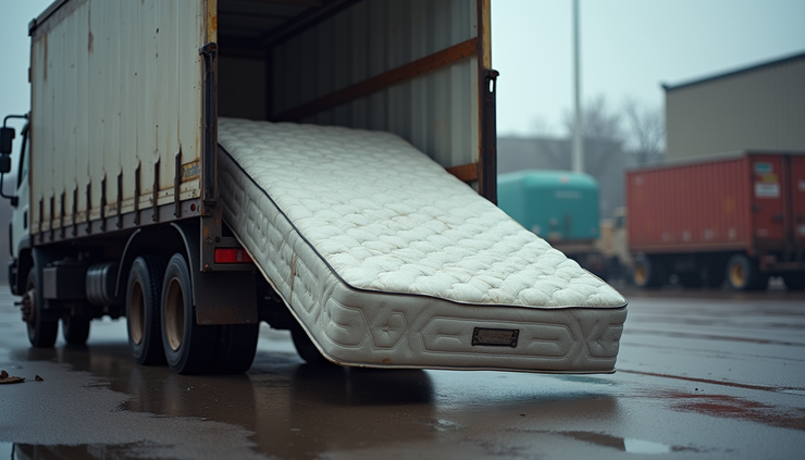 Eye-level view of a mattress being loaded into a recycling truck at a Winnipeg depot