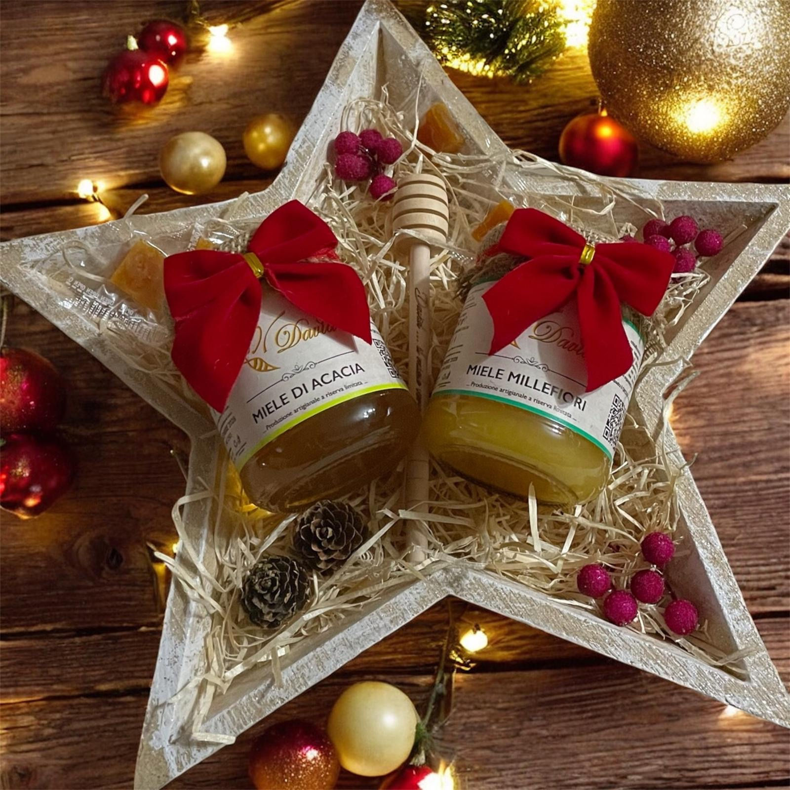 Box regalo in legno con i prodotti dell'alveare, miele naturale