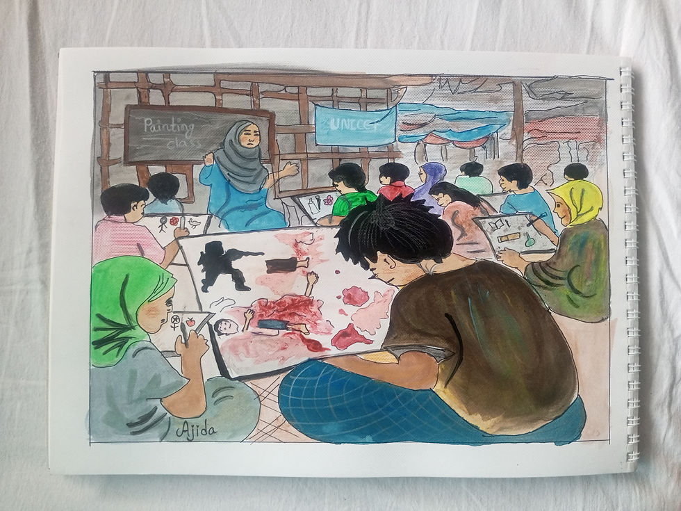 "He survived the conflict, but the memories survived with him. His drawings are not dreams, they are echoes of pain. While others draw happiness, Omair draws what he cannot forget." says Ajida. 2026 © Ajida.