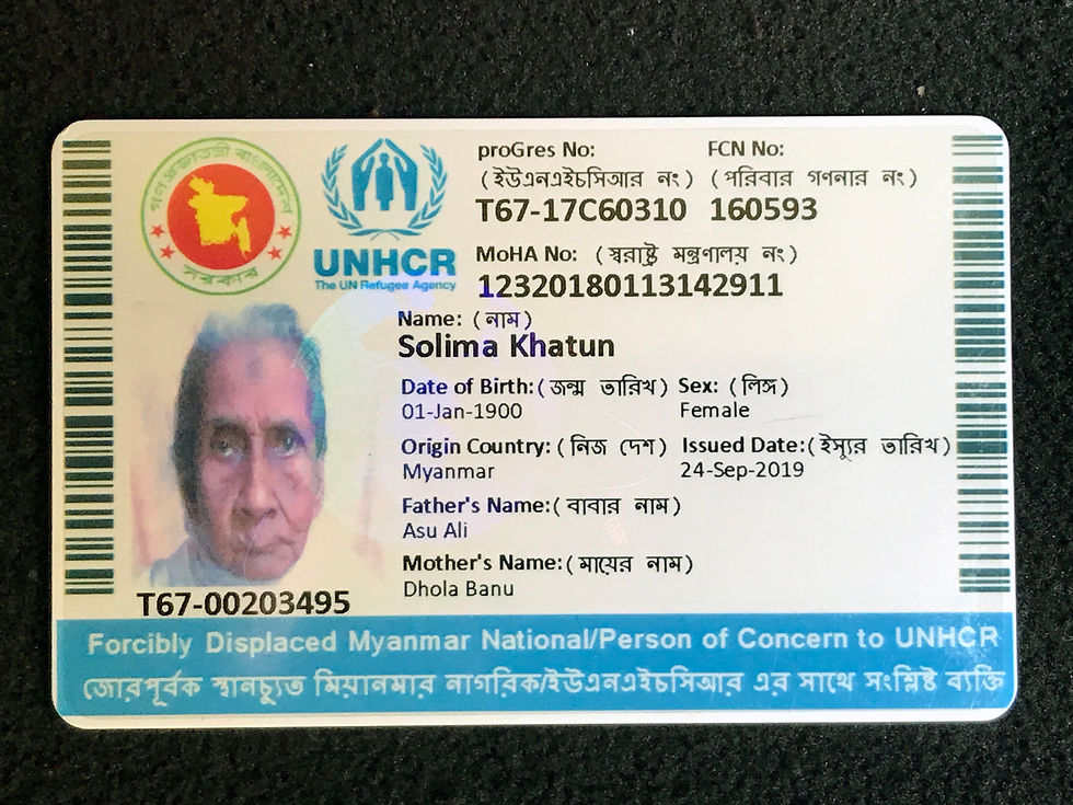 A current UNHCR registration card. When original birth records were destroyed or denied, many Rohingya refugees were assigned 1 January as a placeholder date of birth. Solima was believed to be 119 years old when photographed in 2019. © David Palazón