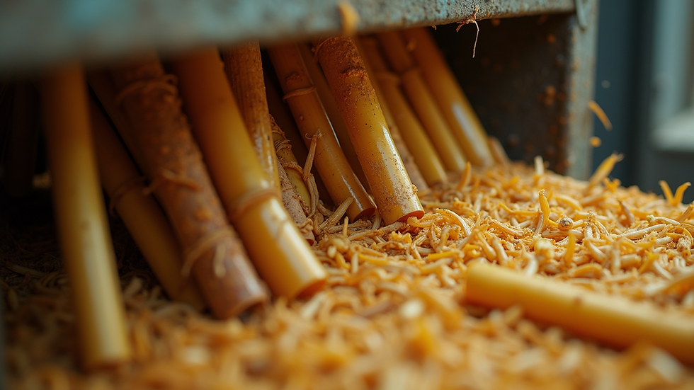 Close-up view of sugarcane stalks being crushed in a mill