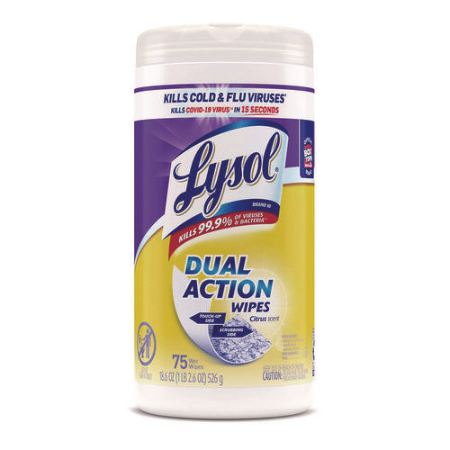 Lysol Dual Action Disinfecting Wipes, Citrus, White/Purple, 75/Canister