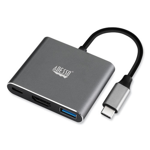 Adesso 3-in-1 USB-C Multi-Port Docking Station, HDMI, USB-C, Black/Gray