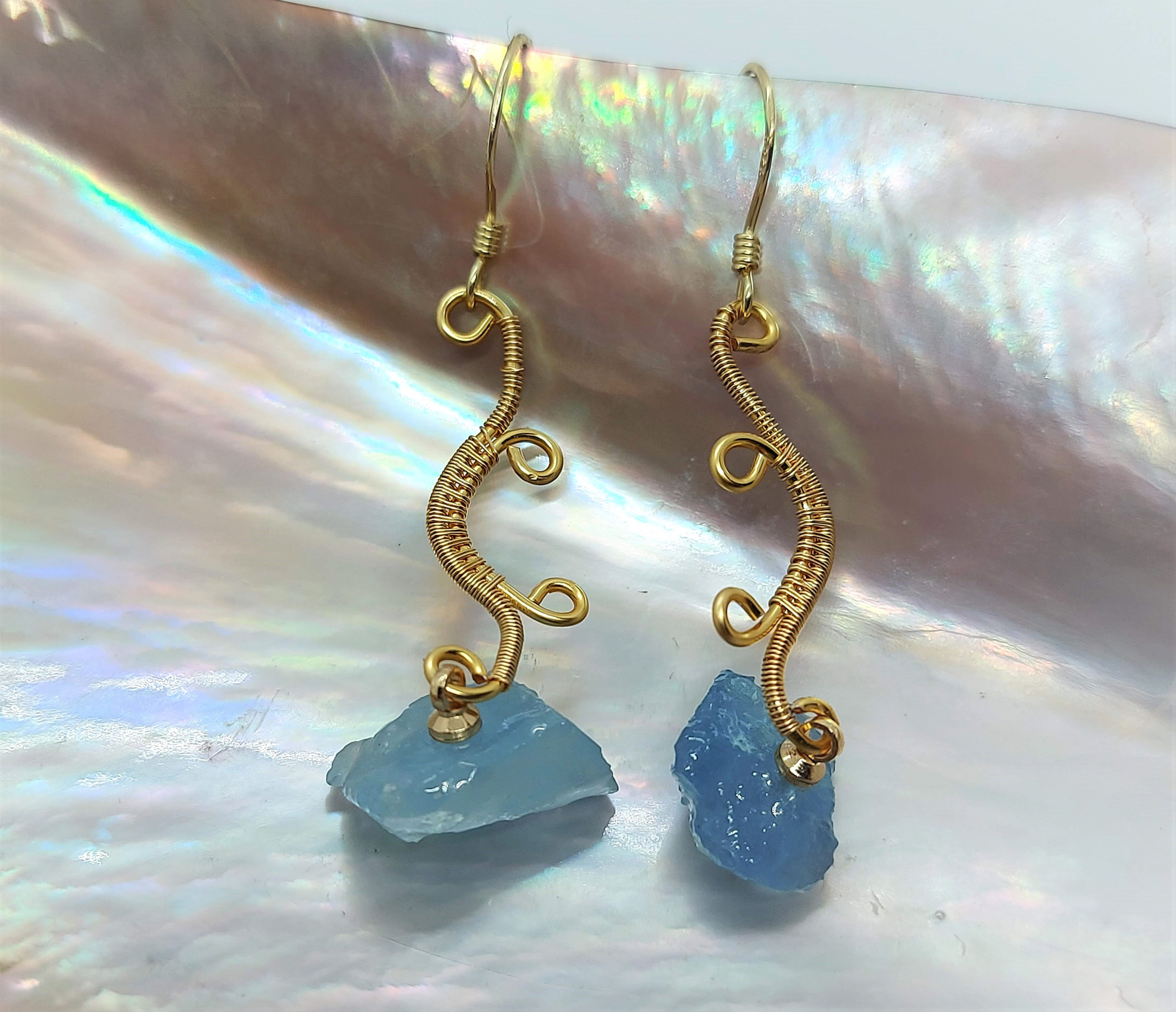 Handcrafted wire wrapped gold filled with raw aquamarine earrings